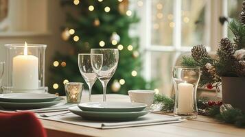 ai generado Navidad fiesta familia desayuno, mesa ajuste decoración y festivo paisaje de mesa, Inglés país y hogar peinado foto