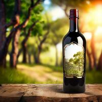 AI generated Luxury red wine bottle in the sunny countryside, generic stylised lable for wine tasting, winery and wine making, viticulture concept. Generative Ai photo