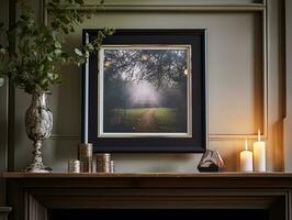 AI generated Black art frame in the elegant interior, wall and home decor photo