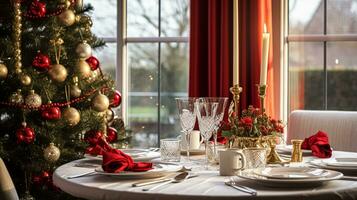 ai generado Navidad fiesta familia desayuno, mesa ajuste decoración y festivo paisaje de mesa, Inglés país y hogar peinado foto