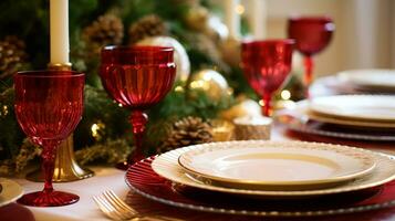 AI generated Holiday table decor, Christmas holidays celebration, tablescape and dinner table setting, English country decoration and home styling photo