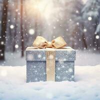 AI generated Christmas holiday gift and present, gift box in the snow in snowfall winter countryside nature for boxing day, holidays shopping sale photo