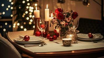 ai generado festivo fecha noche paisaje de mesa idea, cena mesa ajuste para dos y Navidad, nuevo año, san valentin día decoración, Inglés país hogar peinado foto