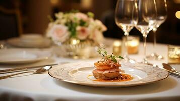 ai generado Exquisito principal curso comida a un lujo restaurante, Boda comida abastecimiento y Inglés cocina foto