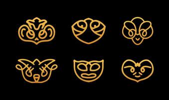 a set of eight golden masks on a black background vector