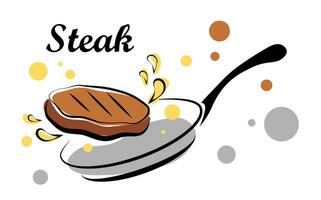 The steak is fried in a pan. Vector illustration in doodle style