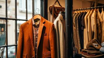 AI generated Menswear store in English countryside style, autumn winter clothing collection photo