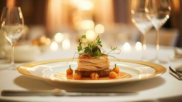 ai generado Exquisito principal curso comida a un lujo restaurante, Boda comida abastecimiento y Inglés cocina foto