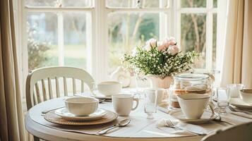 ai generado Navidad fiesta familia desayuno, mesa ajuste decoración y festivo paisaje de mesa, Inglés país y hogar peinado foto