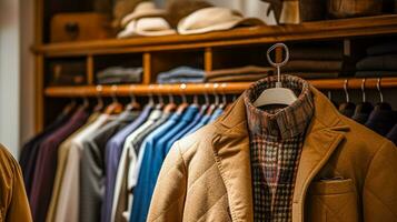 AI generated Menswear store in English countryside style, autumn winter clothing collection photo