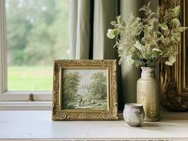 AI generated Vintage art frame in the elegant interior, wall and home decor photo