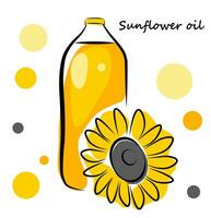 Sunflower oil bottle and sunflower on white background vector