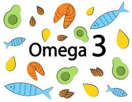 Omega 3 acids. Fish, avocado, almonds, butter on white background vector