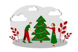 un hombre y un mujer decorando un Navidad árbol vector