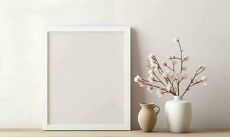 AI generated Mock up poster frame in modern interior background, 3d render photo