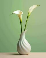 AI generated White calla lily in a vase on a green background photo