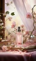 AI generated Perfume bottle on the background of the window with pink flowers photo