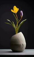 AI generated Yellow crocus in a vase on a black background. 3d render photo