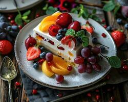 AI generated Fruit tart with fresh berries and fruits on a wooden background. photo