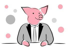 A pig in a business suit sits at a table. Vector illustration in doodle style