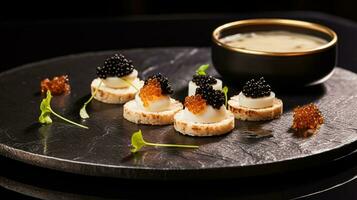 AI generated Food, hospitality and room service, starter appetisers with caviar as exquisite cuisine in hotel restaurant a la carte menu, culinary art and fine dining photo