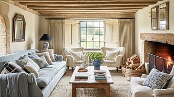 AI generated Cottage interior with modern design and antique furniture, home decor, sitting room and living room, sofa and fireplace in English country house and countryside style photo