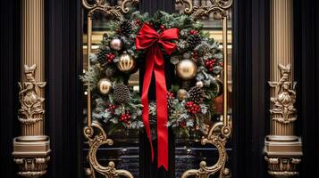 AI generated Christmas decoration details on English styled luxury high street city store door or shopping window display, holiday sale and shop decor photo