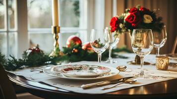 ai generado fiesta cena a hogar, mesa decoración foto