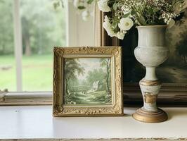AI generated Vintage art frame in the elegant interior, wall and home decor photo