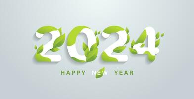 Happy 2024 new year with natural green leaves banner. Greetings and invitations, New year Christmas friendly themed congratulations, cards and natural background. Vector illustration