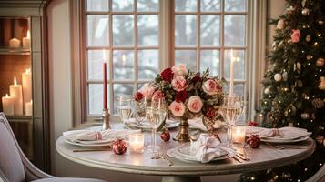 AI generated Table decor for festive family dinner at home, holiday tablescape and table setting, formal for wedding, celebration, English country and home styling photo