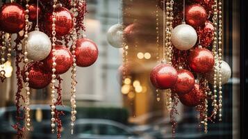 ai generado Navidad decoración detalles en Inglés estilizado lujo alto calle ciudad Tienda puerta o compras ventana mostrar, fiesta rebaja y tienda decoración foto