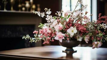 AI generated Floral arrangement with winter, autumn or early spring botanical plants and flowers photo