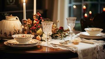 AI generated Festive date night tablescape idea, dinner table setting for two and Christmas, New Year, Valentines day decor, English country home styling photo