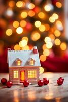AI generated Christmas toy cottage, holiday time, country style decor and cosy atmosphere in the English countryside house with Christmas tree and fireplace on background, winter holidays photo