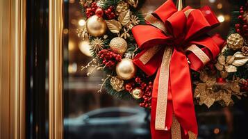 ai generado Navidad decoración detalles en Inglés estilizado lujo alto calle ciudad Tienda puerta o compras ventana mostrar, fiesta rebaja y tienda decoración foto