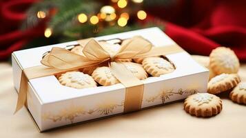 ai generado Navidad galletas, fiesta galleta regalo caja y hogar hornea, invierno Días festivos presente para Inglés país té en el cabaña, hecho en casa Mantecada y horneando receta foto