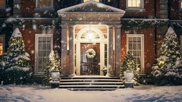 AI generated Christmas in the countryside manor, English country house mansion decorated for holidays on a snowy winter evening with snow and holiday lights, Merry Christmas and Happy Holidays photo