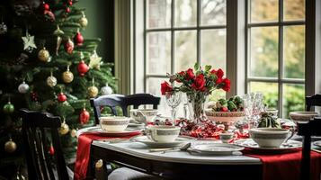 ai generado Navidad fiesta familia desayuno, mesa ajuste decoración y festivo paisaje de mesa, Inglés país y hogar peinado foto