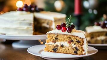 AI generated Christmas cake, holiday recipe and home baking, pudding with creamy icing for cosy winter holidays tea in the English country cottage, homemade food and cooking photo