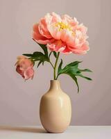 AI generated Beautiful peony flowers in vase isolated on grey background. photo