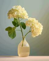 AI generated White hydrangea in a vase on a gray background photo