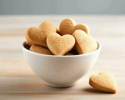AI generated Heart shaped cookies in a white bowl on a wooden table. Shallow dof. photo