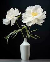 AI generated White peony flowers in a vase on a black background. photo