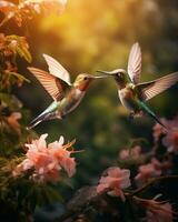 AI generated Hummingbird sitting on a branch of a blossoming sakura photo