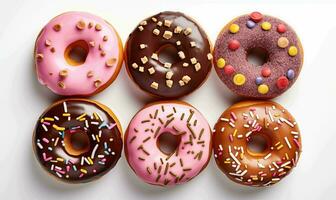 AI generated assorted donuts with chocolate frosted, pink glazed and sprinkles donuts. photo