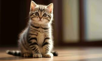 AI generated Cute tabby kitten sitting on floor and looking at camera. photo