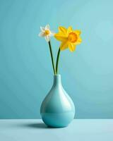 AI generated Two daffodils in a blue vase on a blue background photo