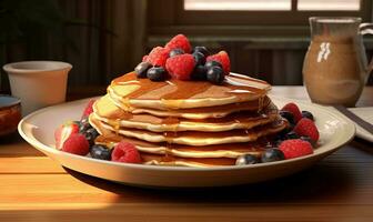 AI generated Plate of pancakes with berries and maple syrup on wooden table, closeup photo