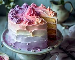 AI generated Cake with pink and white frosting, selective focus, square image photo